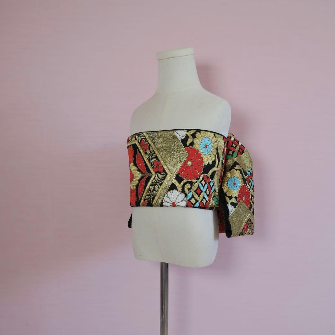 七五三 作り帯 アンティーク帯リメイク 黒地×赤金 古典花文様｜文庫｜一点もの