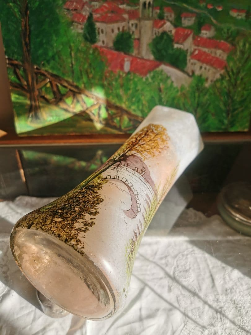 アンティーク ルグラ 橋上の母娘 ≒29㎝大型ガラス花瓶 アールヌーヴォー手描