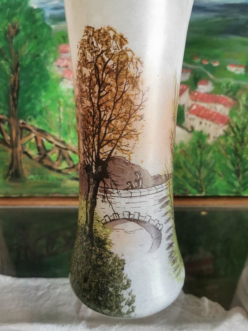 アンティーク ルグラ 橋上の母娘 ≒29㎝大型ガラス花瓶 アールヌーヴォー手描