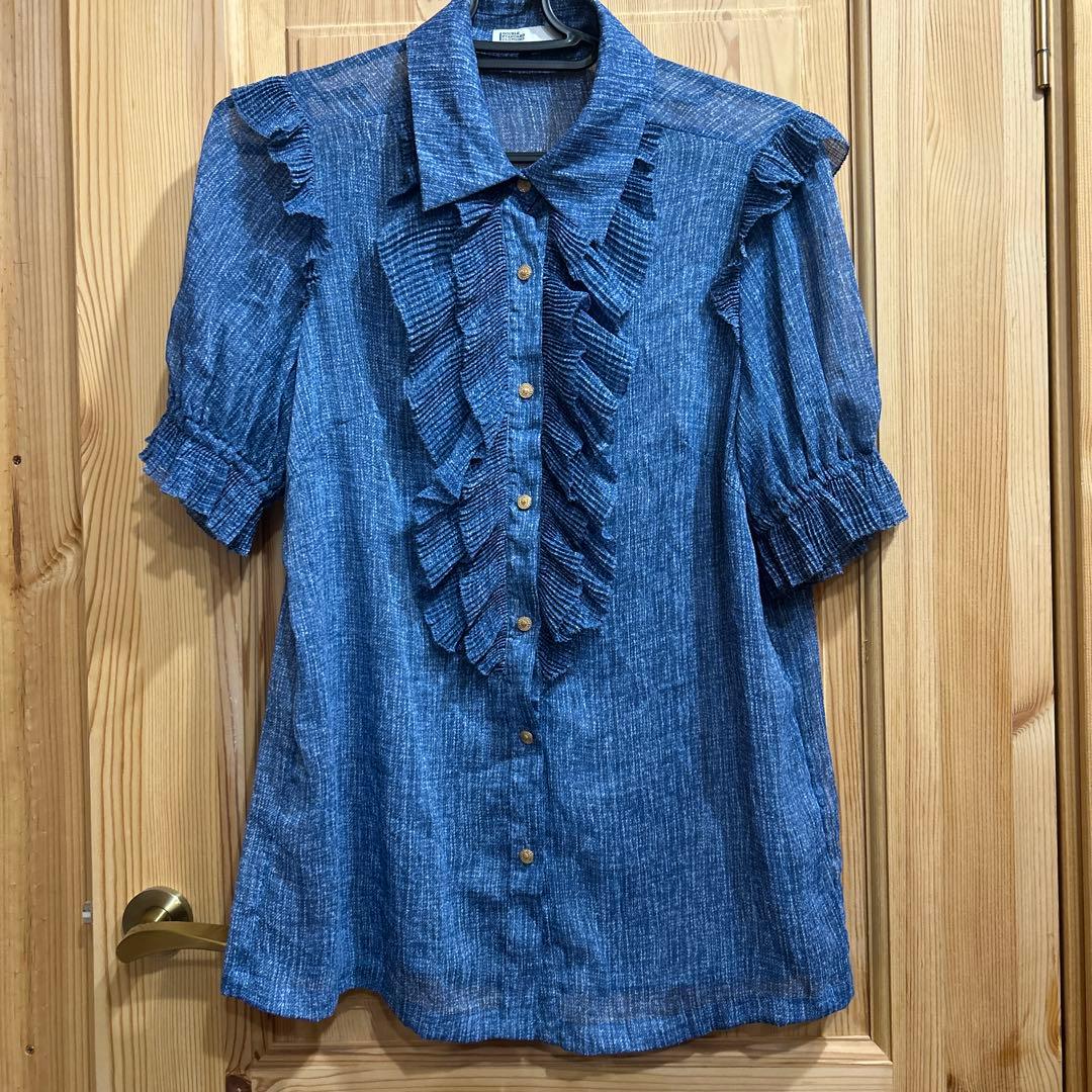 ダブルスタンダード　デニムプリントシフォンブラウス　サイズ38