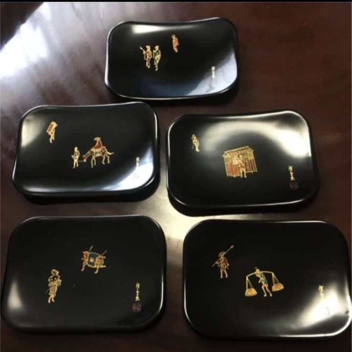 値引き済み　胴張 銘々皿 黒　漆塗　5枚セット