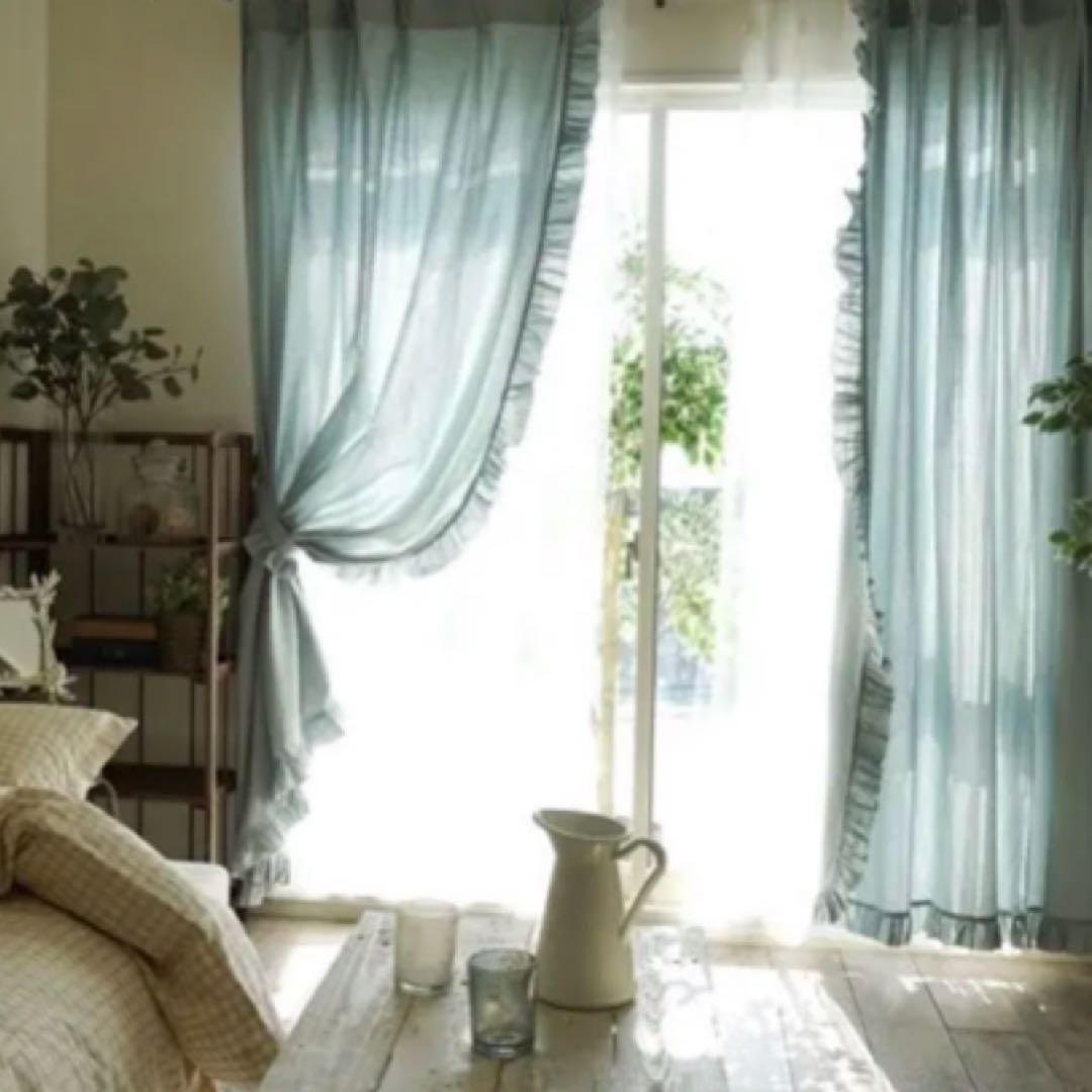 【送料込み】【新品未使用】フリルリネンカーテン2枚組、ピンク！