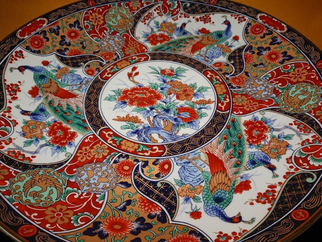 【美品】特大　絵皿　飾り皿　花鳥絵　置物　インテリア　工芸品　美術品　A3078
