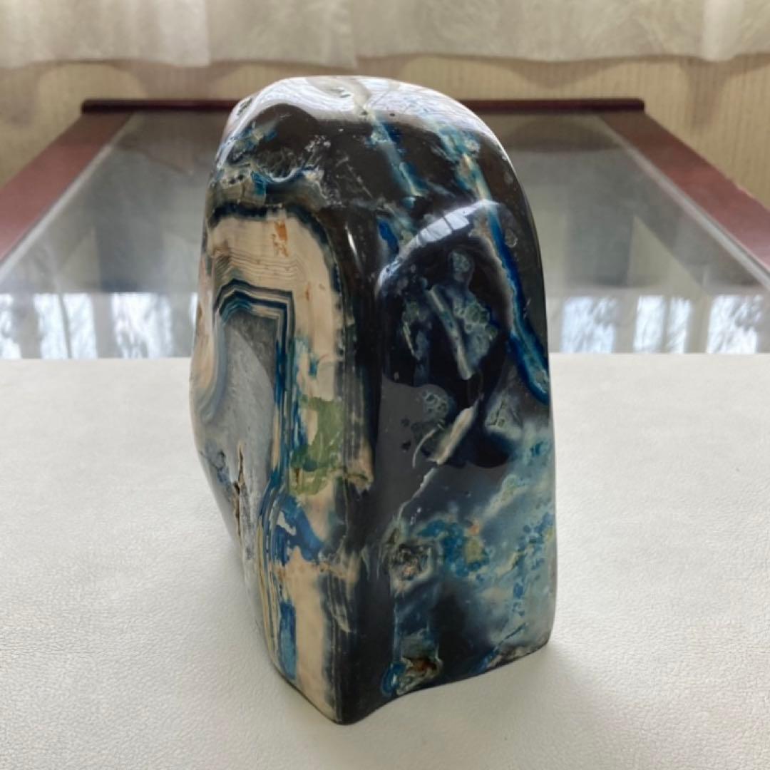 瑪瑙 メノウ 鑑賞石 飾り石 置物 オブジェ 木製 台座付き 青 ブルー レトロ