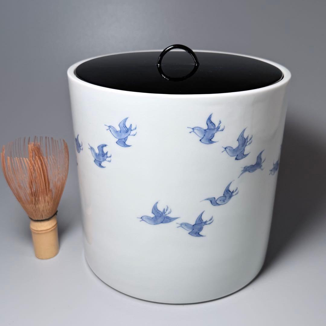 明治大正期　平戸焼　染付鳥文様水指　共箱　特注蓋付　茶道具　裏千家　表千家