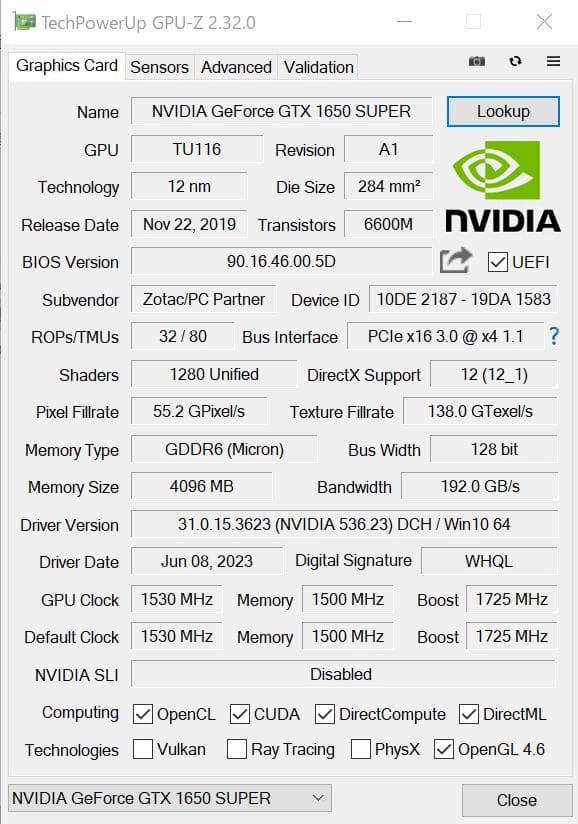 ZOTAC GTX1650 SUPER 動作確認済