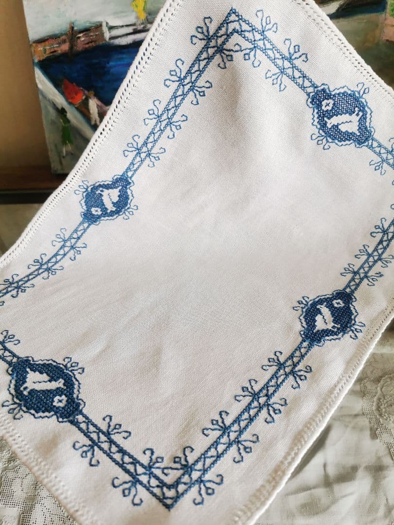 アンティークフランス 青い鳥のクロスステッチ刺繍 青糸刺繍ランナー リネンクロス