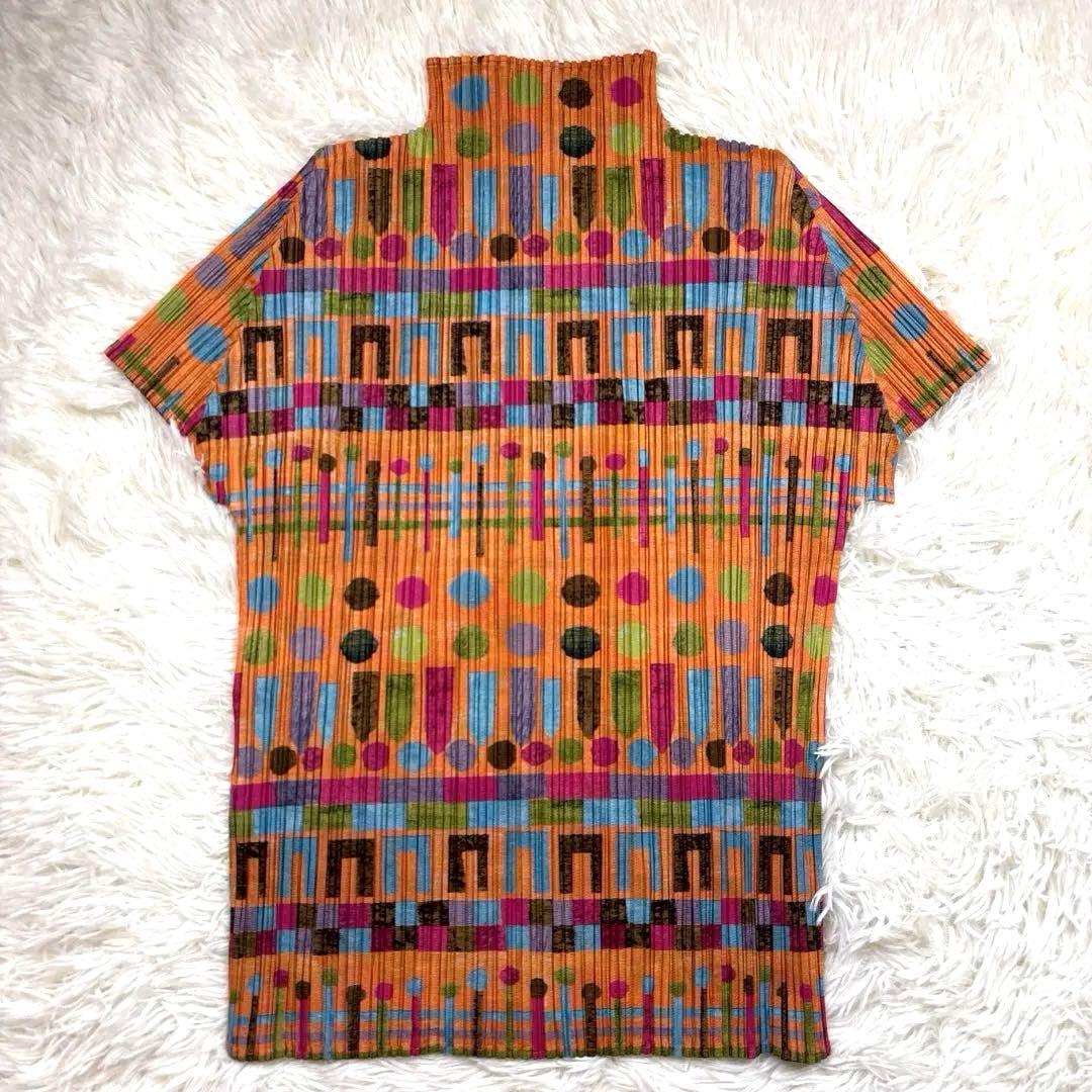 イッセイミヤケ　プリーツプリーズ　半袖　カットソー　マルチカラー　総柄　図形柄