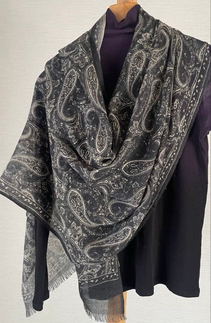PASHMAショール大判モノトーンペイズリー柄