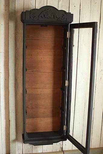 古い壁掛け木枠ガラス戸棚　5段　食器棚　飾り棚　ウォールラック　古家具　古道具