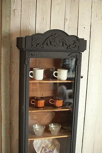 古い壁掛け木枠ガラス戸棚　5段　食器棚　飾り棚　ウォールラック　古家具　古道具