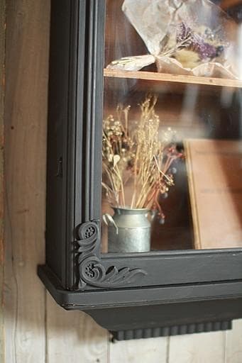 古い壁掛け木枠ガラス戸棚　5段　食器棚　飾り棚　ウォールラック　古家具　古道具