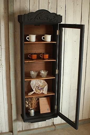 古い壁掛け木枠ガラス戸棚　5段　食器棚　飾り棚　ウォールラック　古家具　古道具