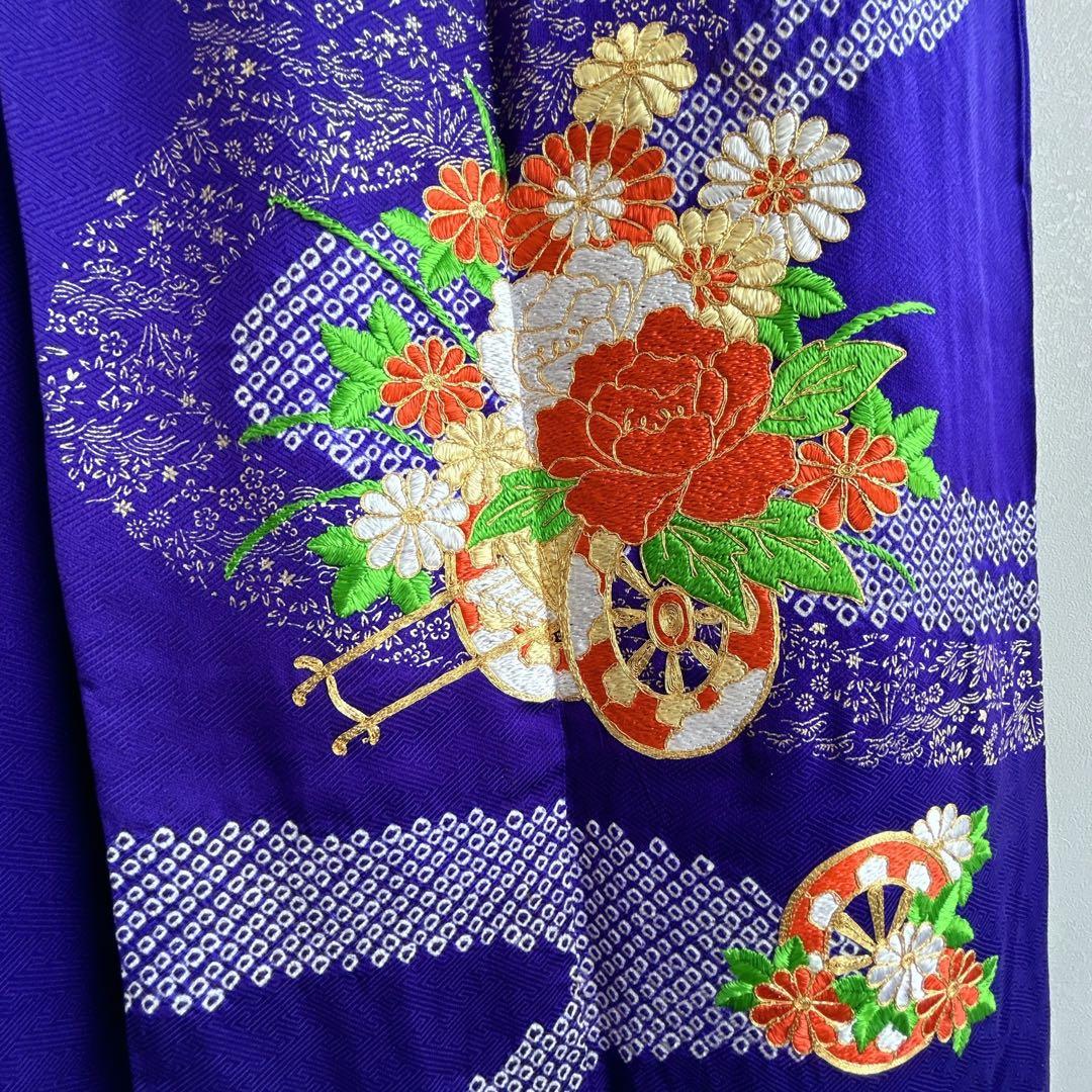 セット　七五三　7歳女の子　長着＆袋帯＆長襦袢＆小物　紫　しぼり　豪華刺繡　地紋