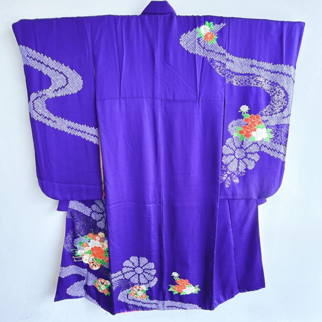 セット　七五三　7歳女の子　長着＆袋帯＆長襦袢＆小物　紫　しぼり　豪華刺繡　地紋