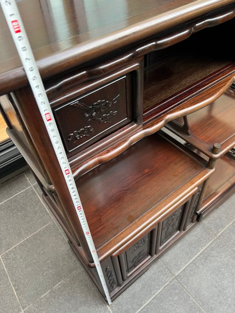 違い棚(高級)　紫檀　松と鶴模様　和家具 茶棚 茶箪笥 唐木　昭和レトロ