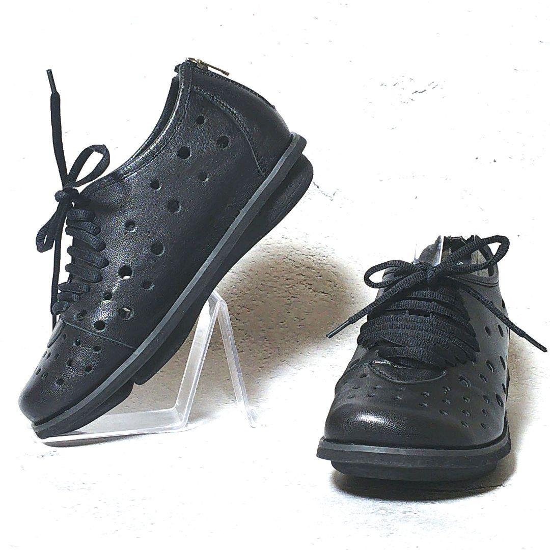 人気デザイン 未使用級 慈雨【23.5】本革 メッシュ バックジップ スニーカー