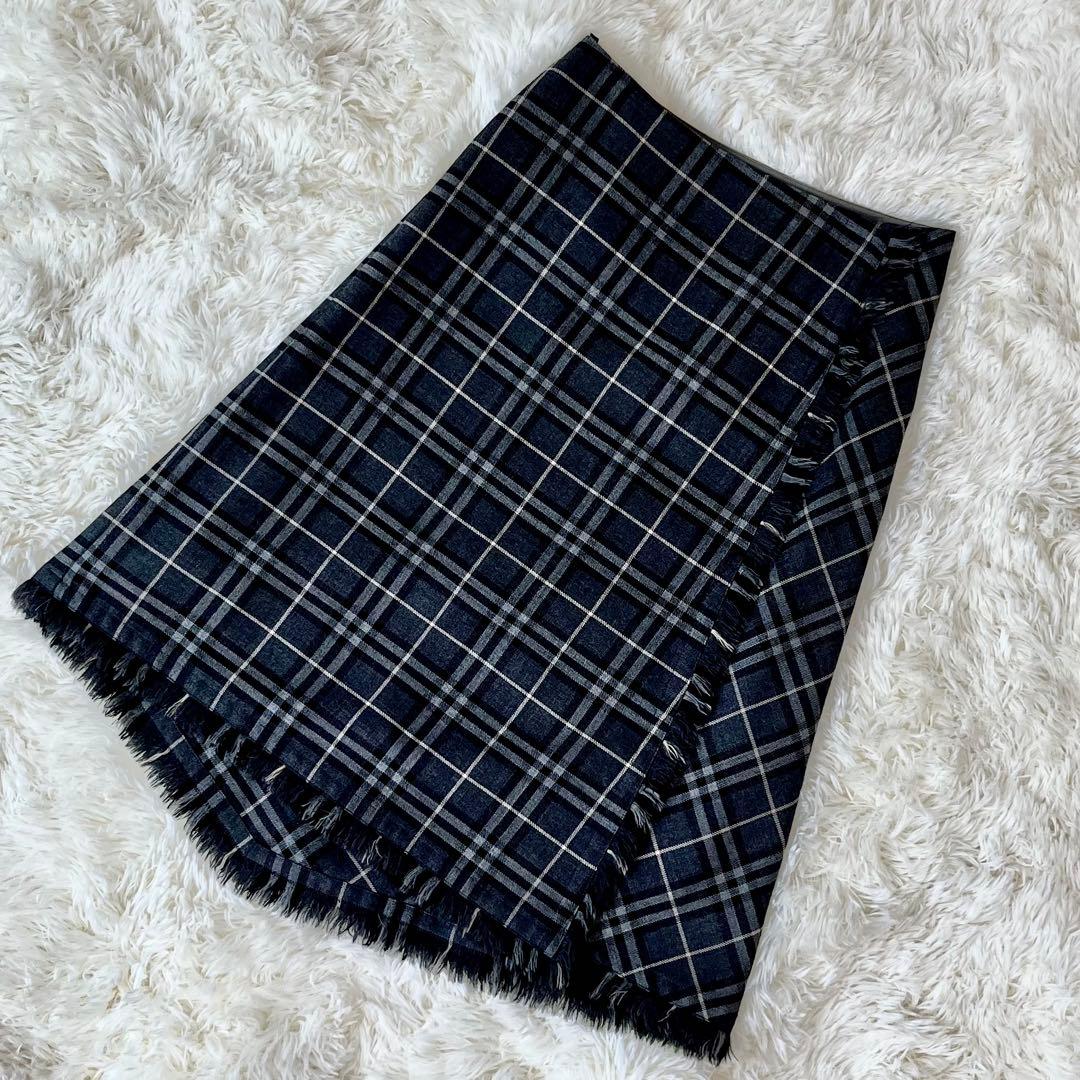 バーバリーロンドン グレーチェック ラップスカート フリンジ 36