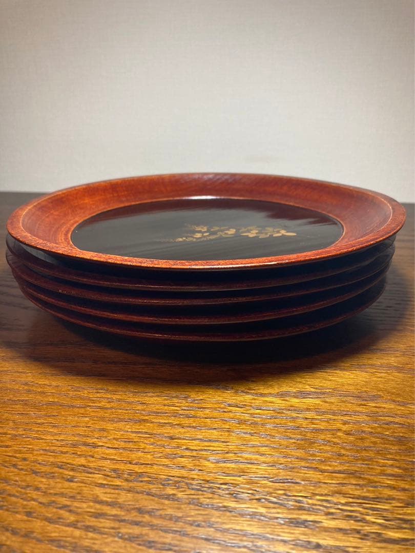 蒔絵丸盆、5枚組