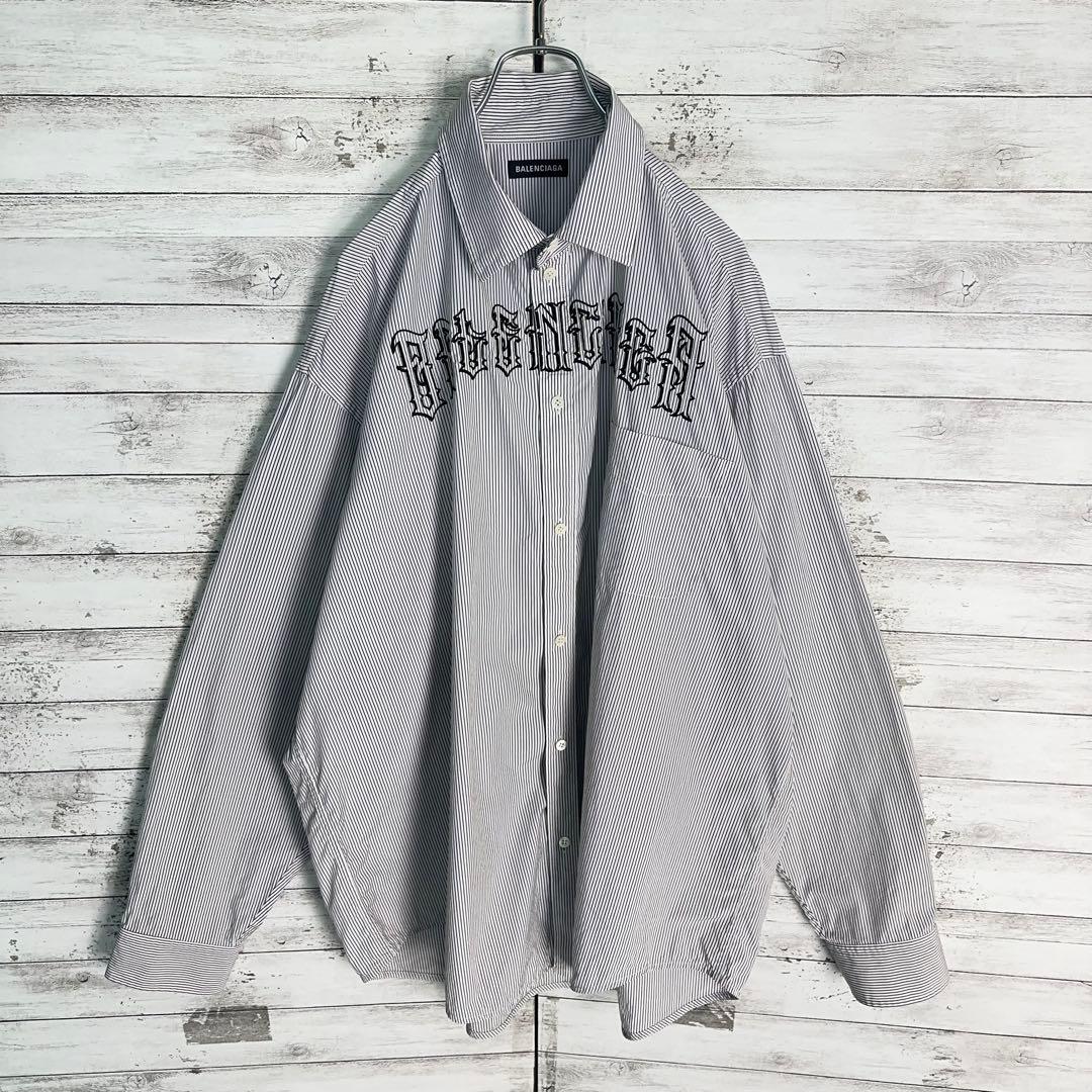 12010【美品・人気モデル】バレンシアガ　刺繍 タトゥーロゴ ストライプシャツ