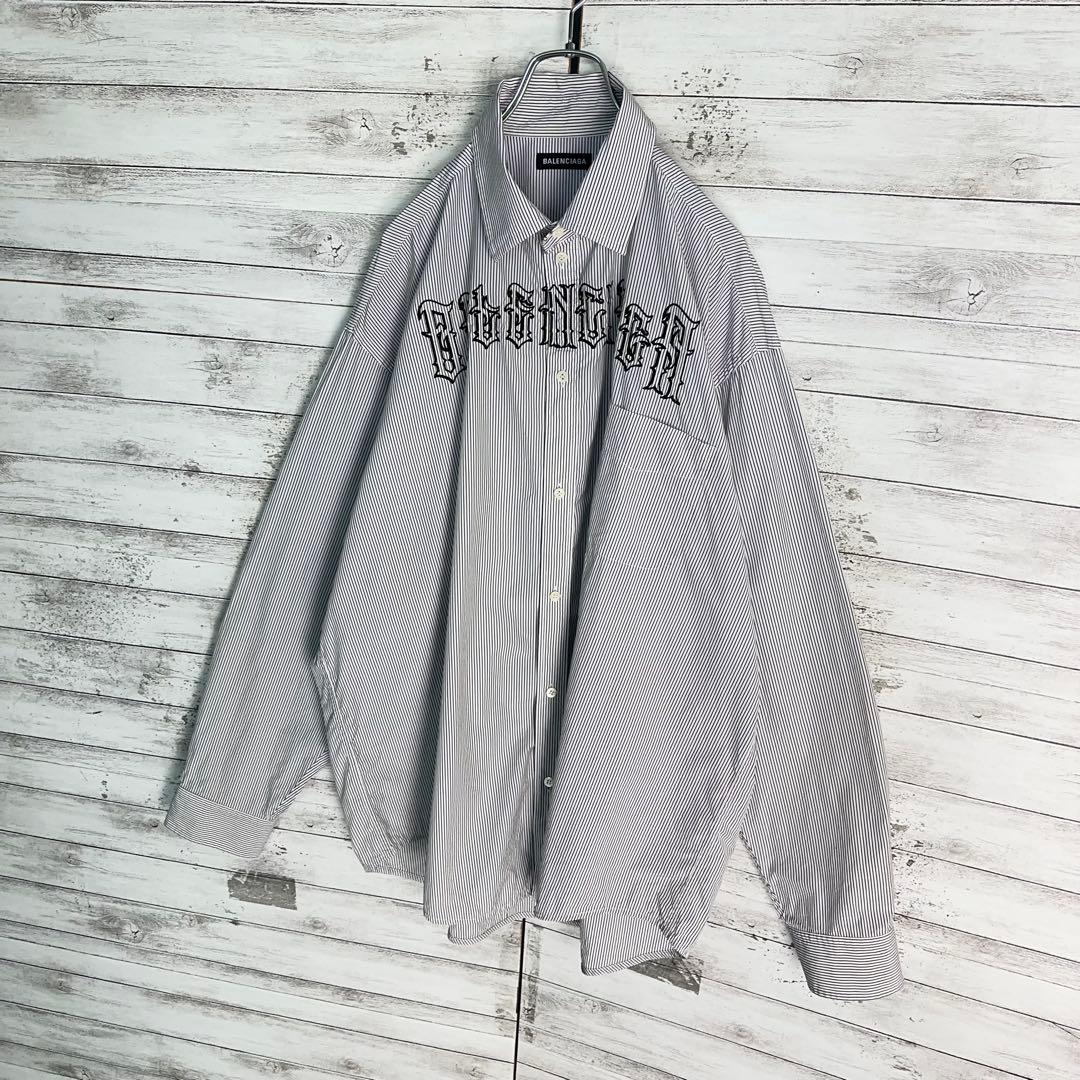 12010【美品・人気モデル】バレンシアガ　刺繍 タトゥーロゴ ストライプシャツ