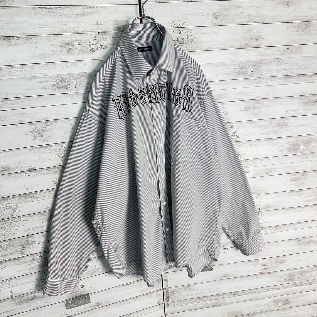 12010【美品・人気モデル】バレンシアガ　刺繍 タトゥーロゴ ストライプシャツ