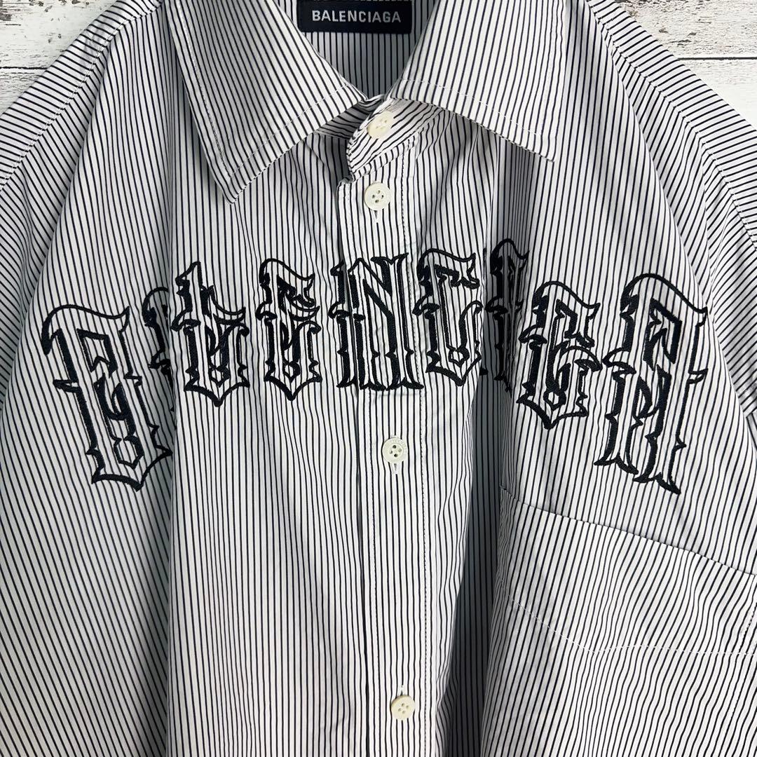 12010【美品・人気モデル】バレンシアガ　刺繍 タトゥーロゴ ストライプシャツ