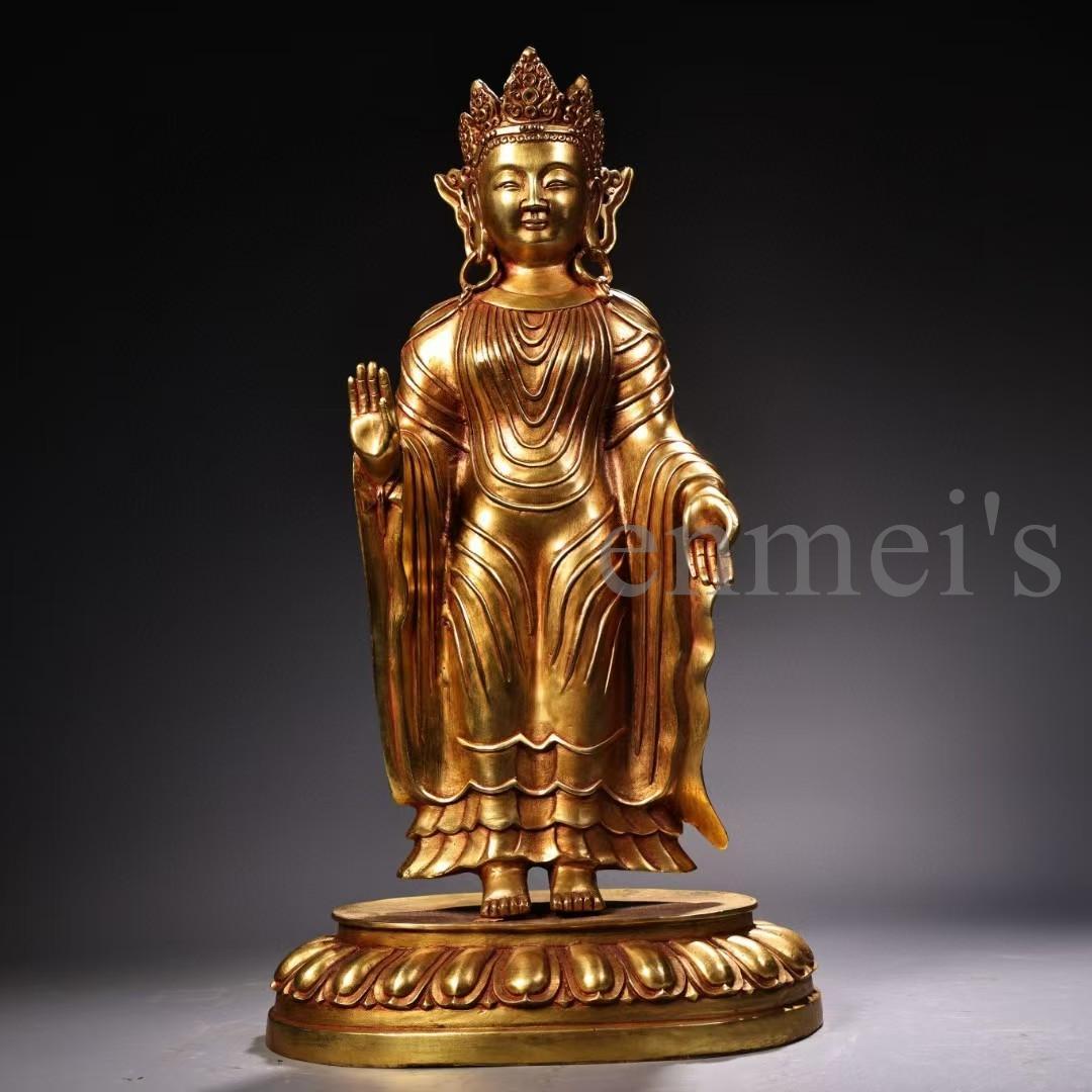 中国古美術・純銅製・鎏金仏像・北魏様式仏像／立像・仏教美術・高浮彫・風水置物