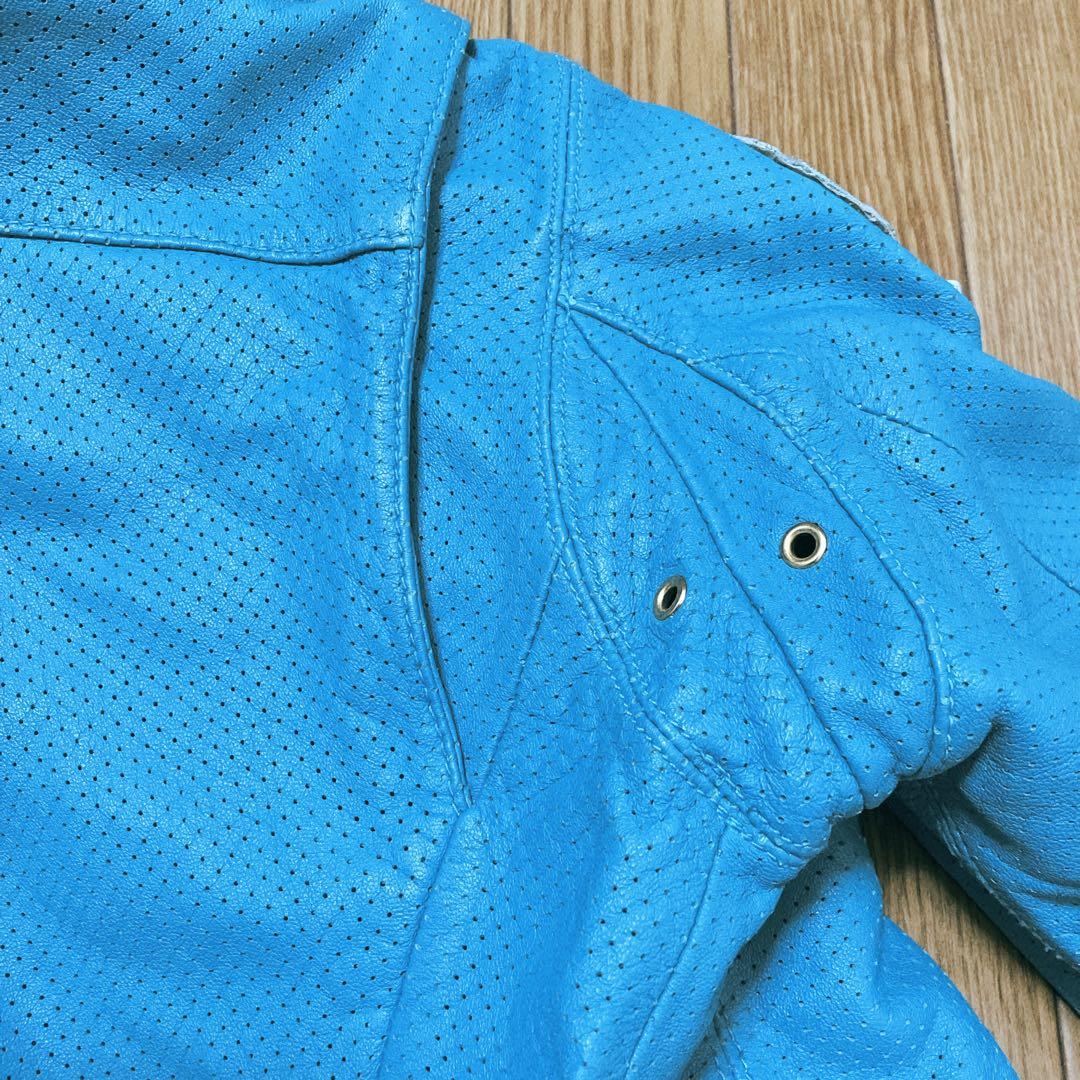 激レア ターコイズブルー パンチングレザーダブルライダースジャケット XS-S