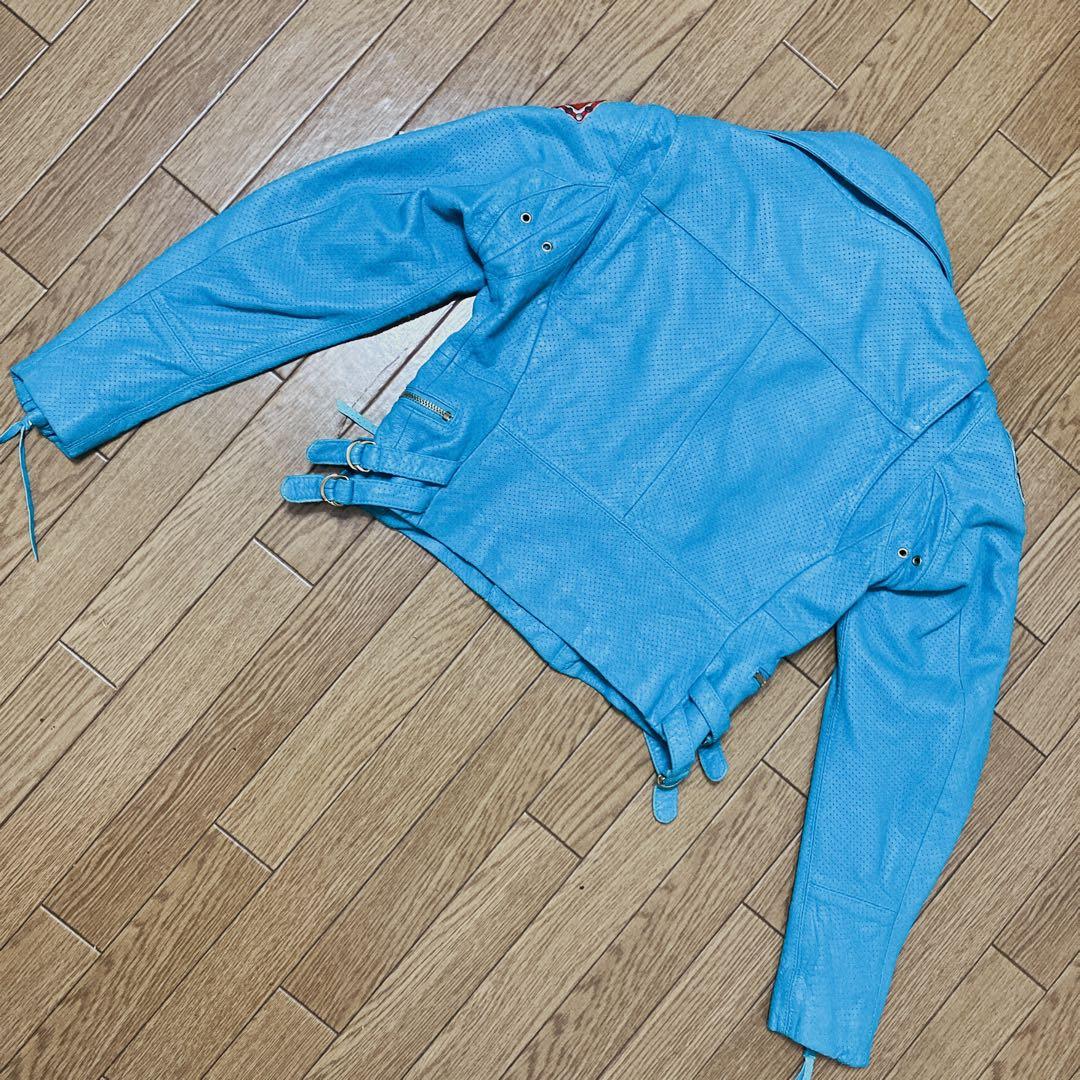 激レア ターコイズブルー パンチングレザーダブルライダースジャケット XS-S