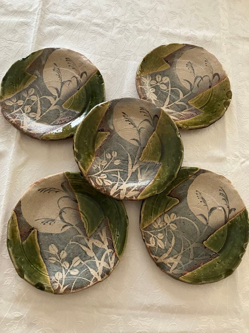 未使用❤️玉山窯 織部 中皿 名窯 秋 萩 ススキ 満月 ５枚 直径約19