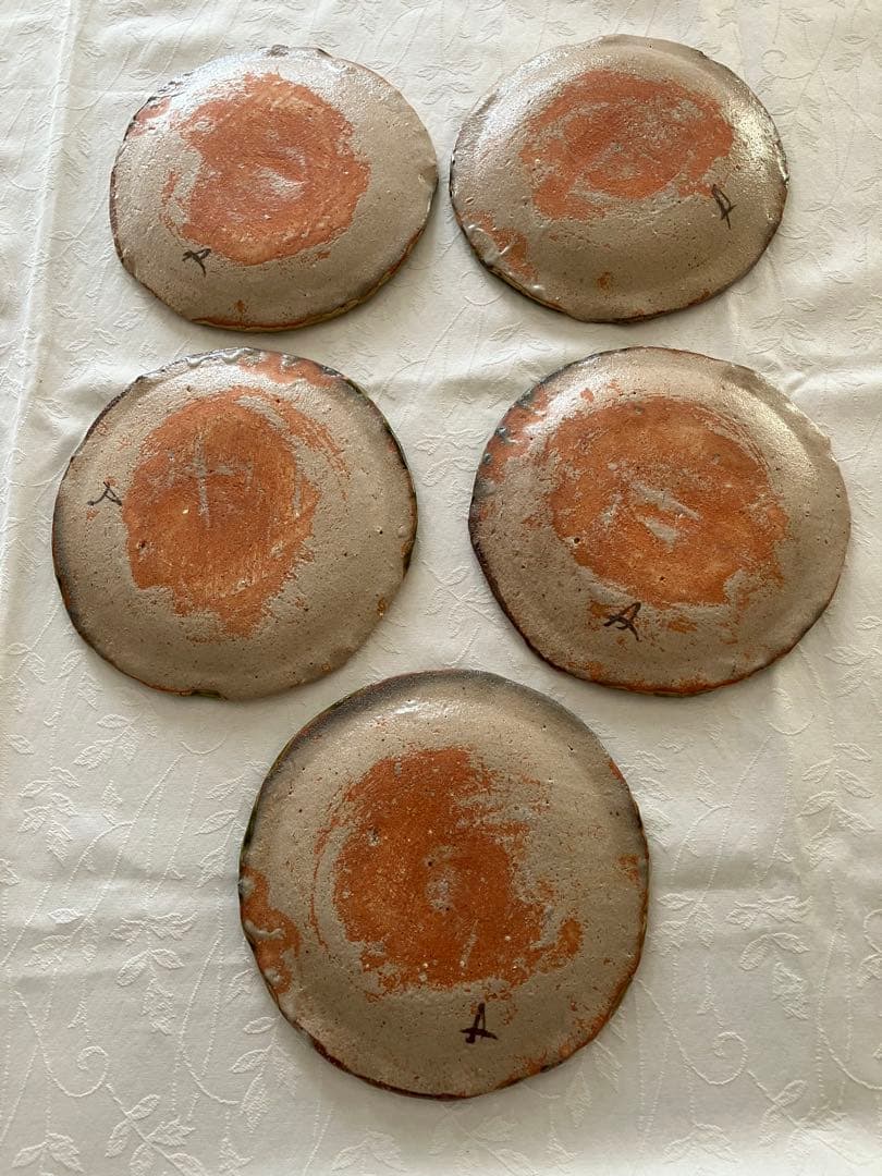 未使用❤️玉山窯 織部 中皿 名窯 秋 萩 ススキ 満月 ５枚 直径約19