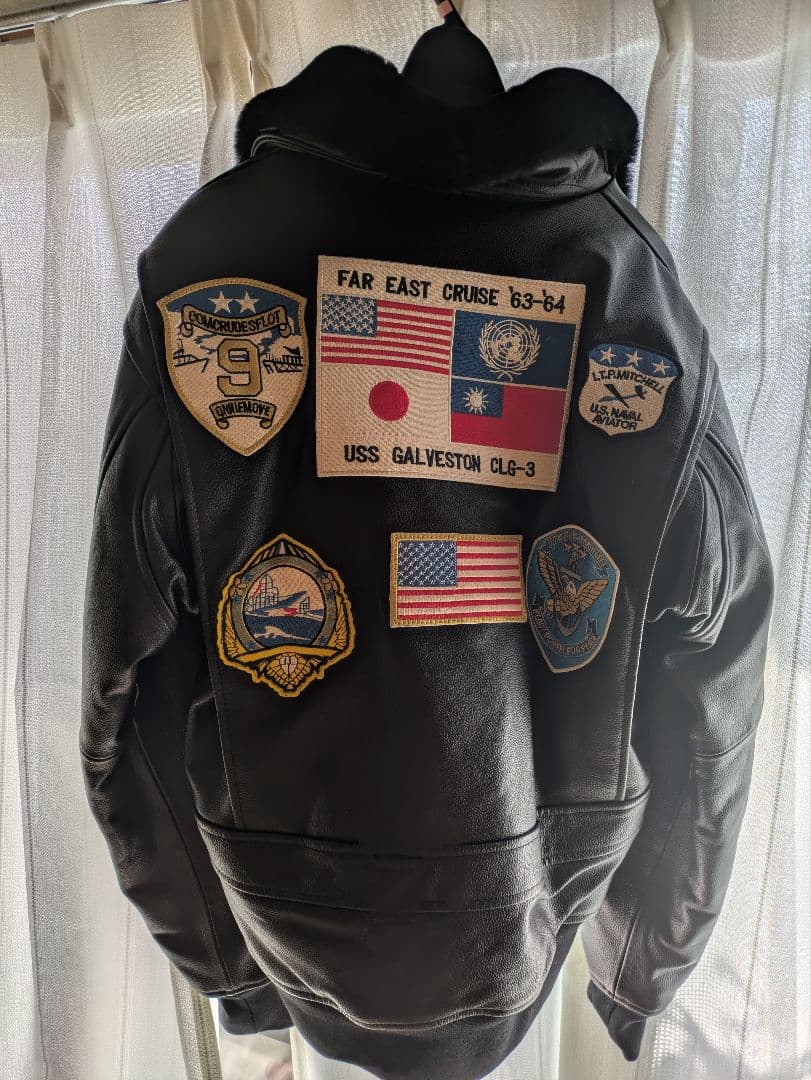 TOPGUN 黒 レザー ジャケット ファー付き 軍用パッチ G-1