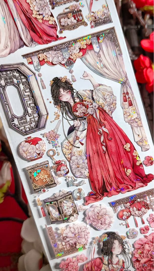 【9401】海外3/5/巻　貝殻光マスキングテープ　獅子先生新作　赤　人物古風系