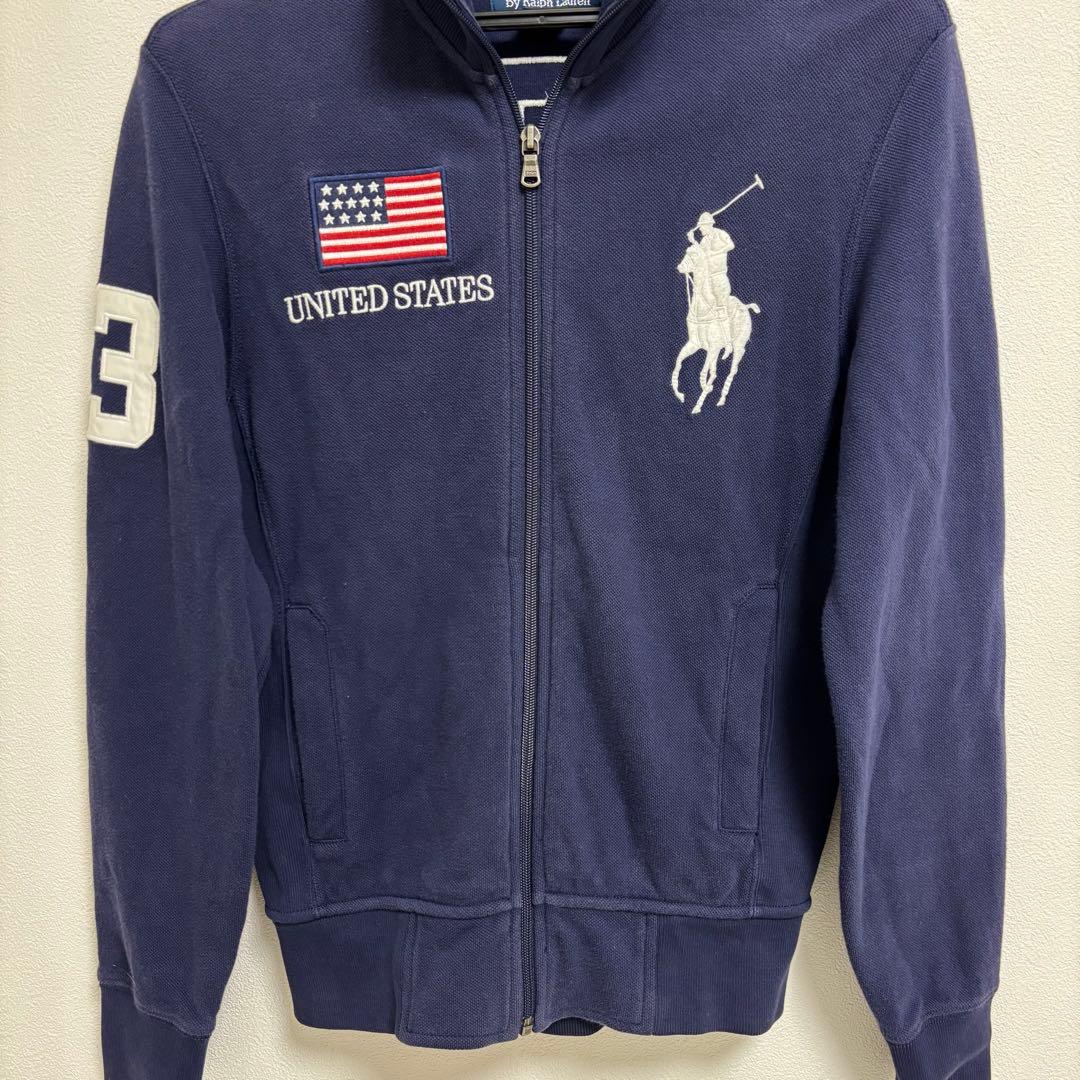 90sポロラルフローレン ネイビー ジップアップ スウェット アメリカ 国旗