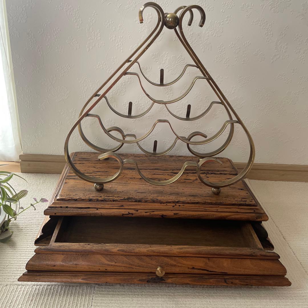 【希少】ビンテージマホガニー/アンティーク 真鍮ワインラック 置物 天然木