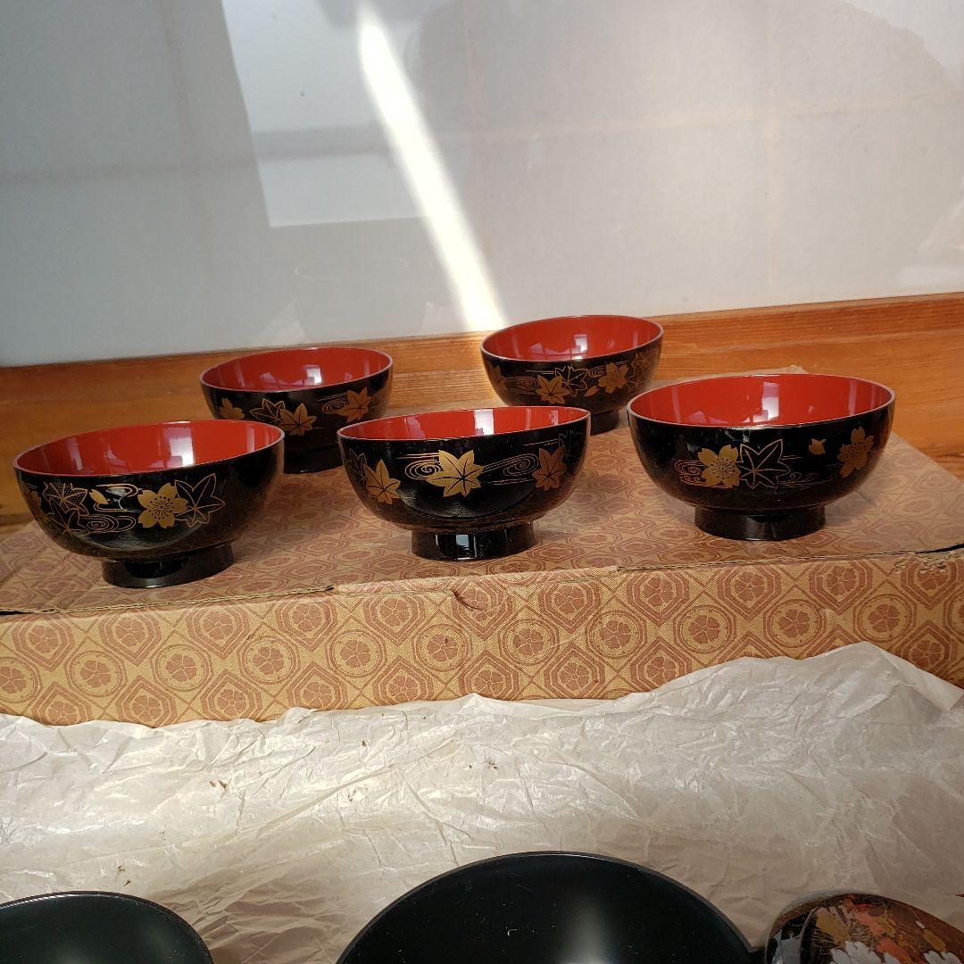１　板前セット　高級塗物　蓋付き茶碗　お椀　５人分