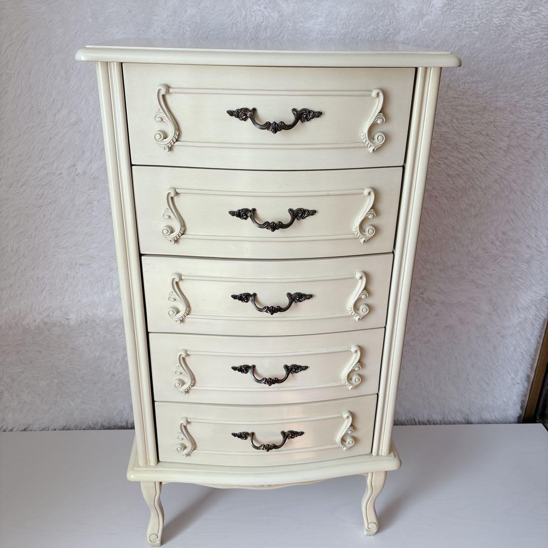 クインシーズ フィオーレ 5段チェスト オフホワイト ロココ調 美品 輸入家具