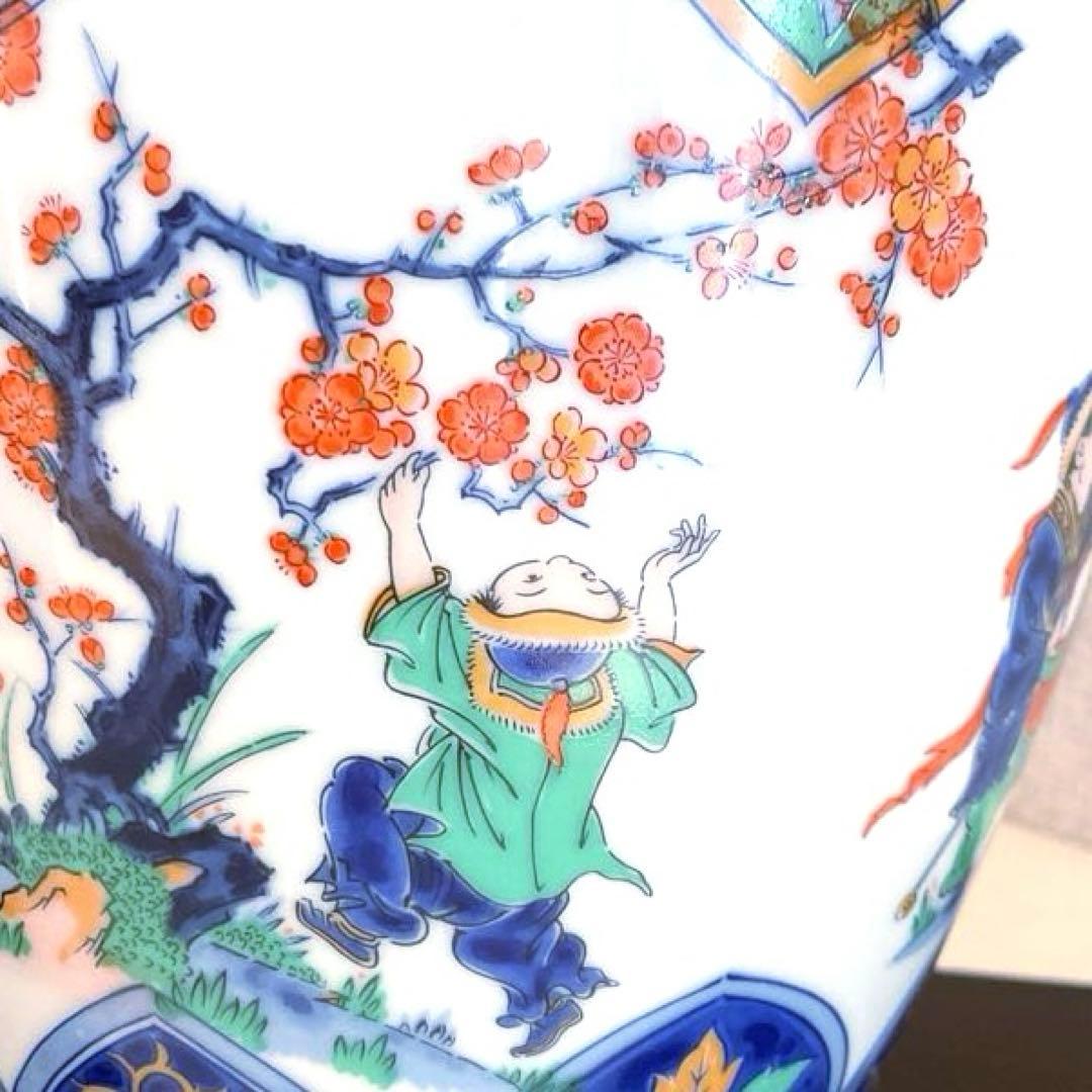 【新品】若山窯　唐絵柄陶器花びん 昭和レトロ 唐絵 骨董 手描き花瓶 置物