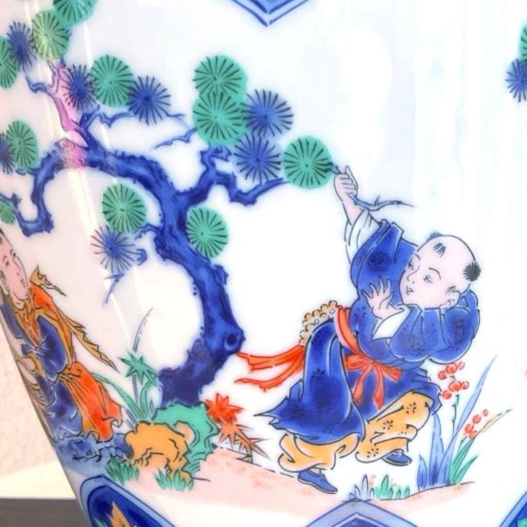 【新品】若山窯　唐絵柄陶器花びん 昭和レトロ 唐絵 骨董 手描き花瓶 置物