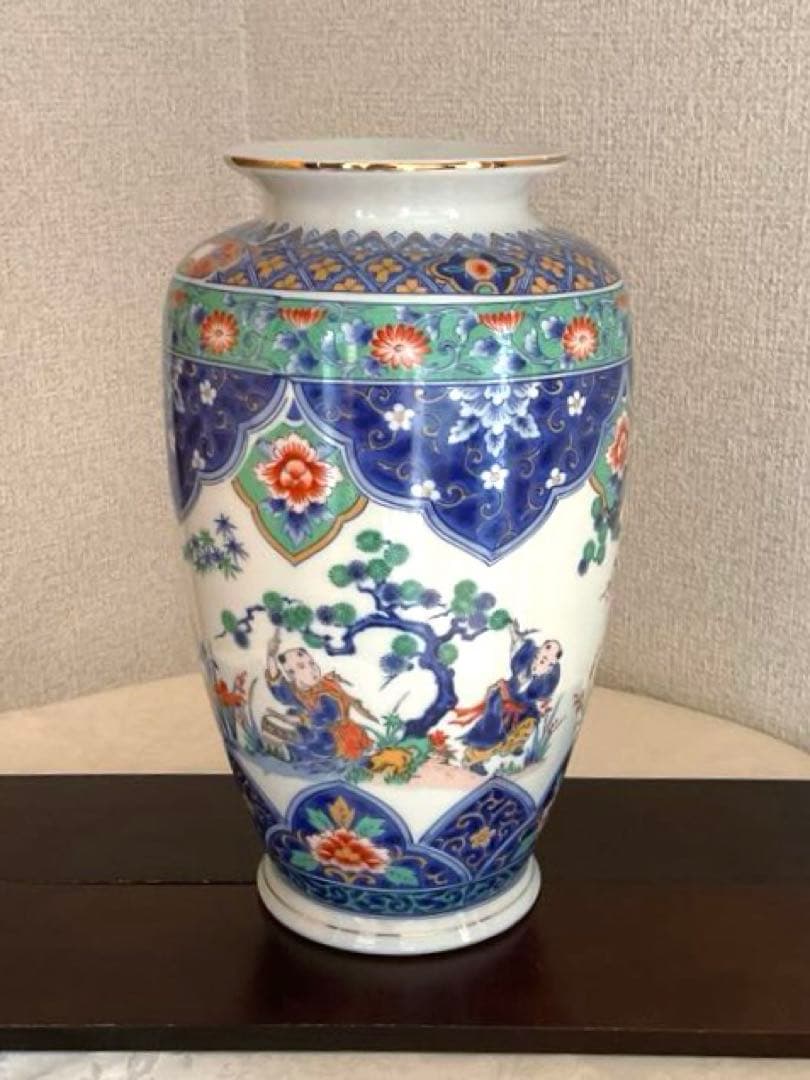 【新品】若山窯　唐絵柄陶器花びん 昭和レトロ 唐絵 骨董 手描き花瓶 置物