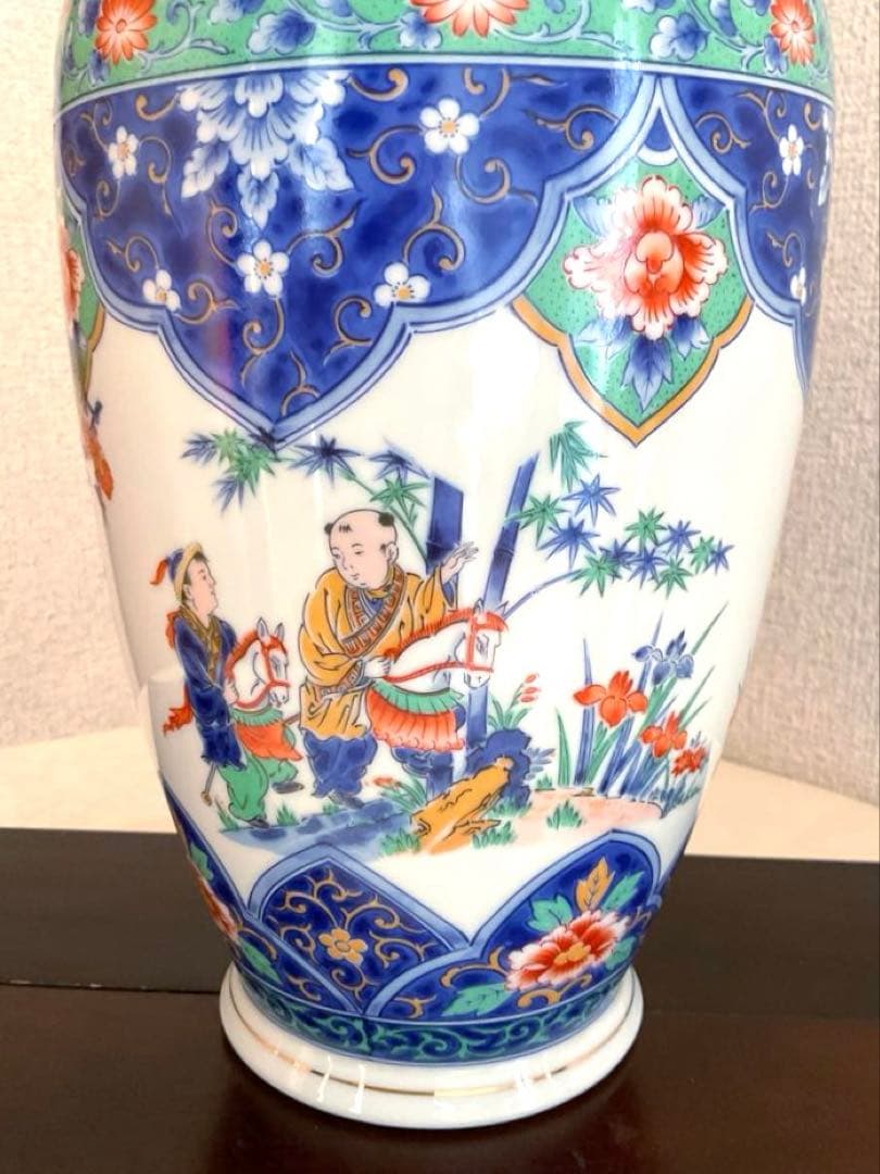 【新品】若山窯　唐絵柄陶器花びん 昭和レトロ 唐絵 骨董 手描き花瓶 置物