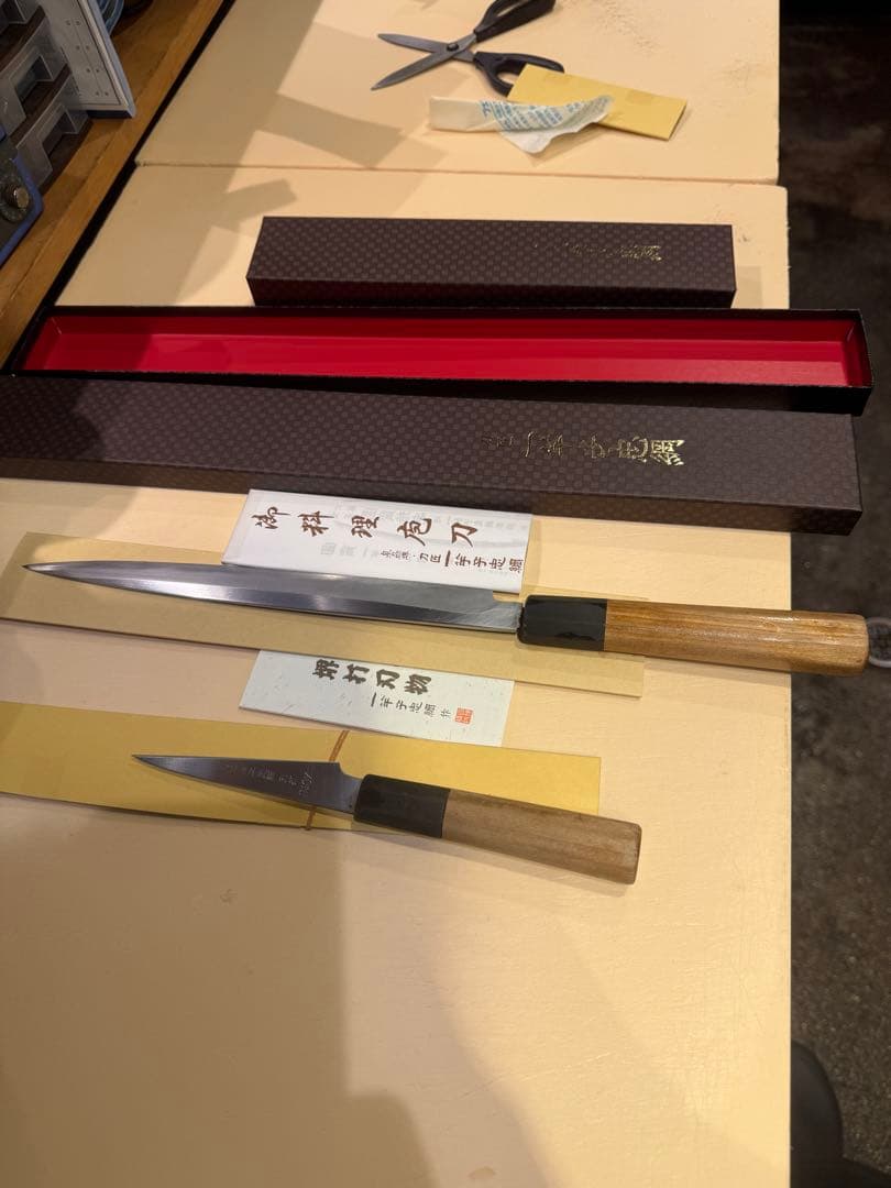 一竿子忠綱　本職包丁 薄　青鋼　ペティと柳のセットです