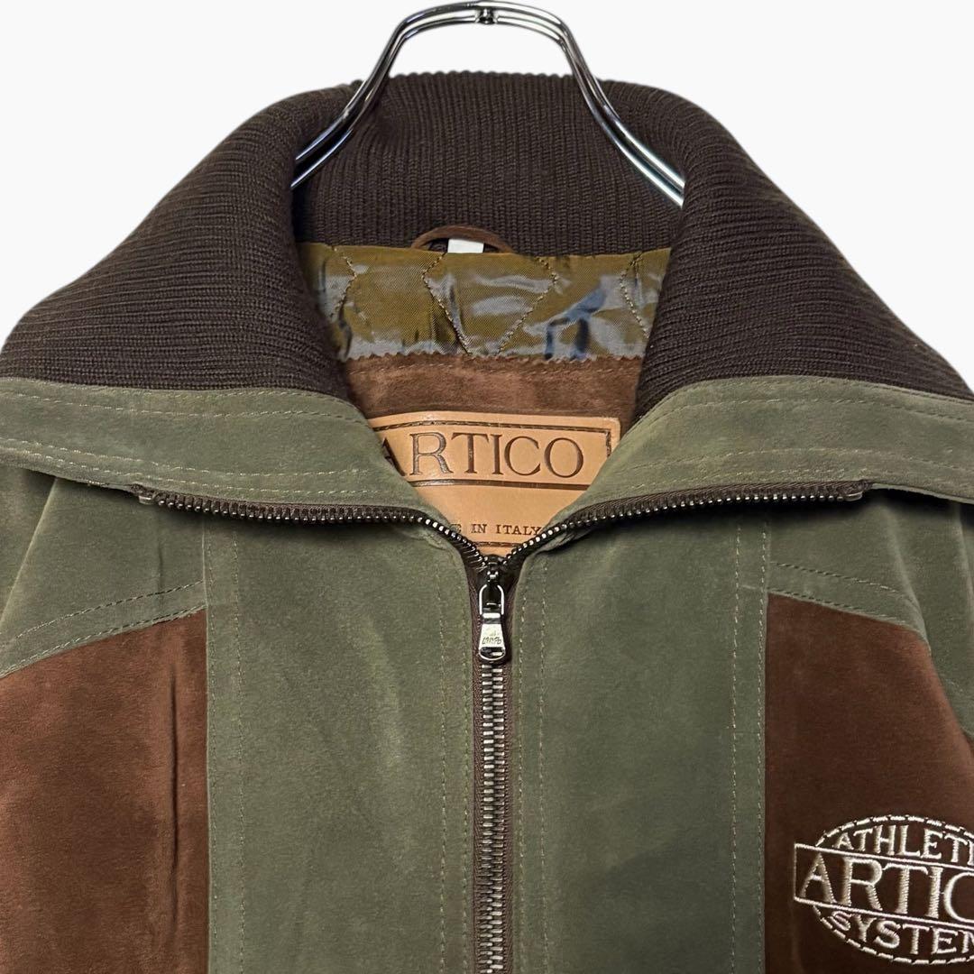 イタリア製 スエードレザージャケット 茶色×緑 XL 切り替えウールブルゾン