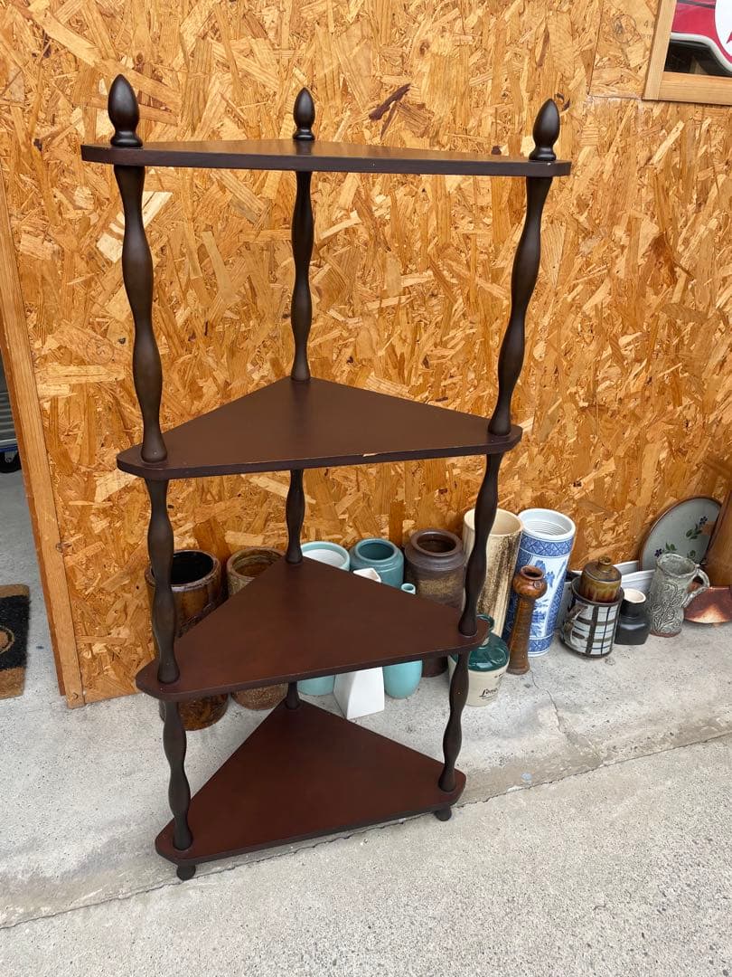 アンティーク　コーナーラック　ダークブラウン三角シェルフ 4段