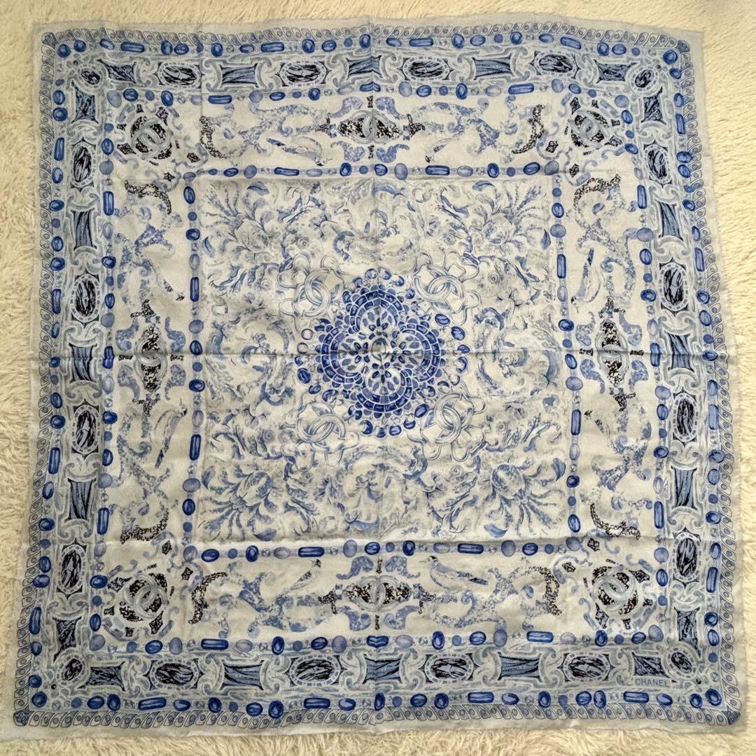 CHANEL シャネル ココマーク 大判 シルク スカーフ ストール　ブルー系