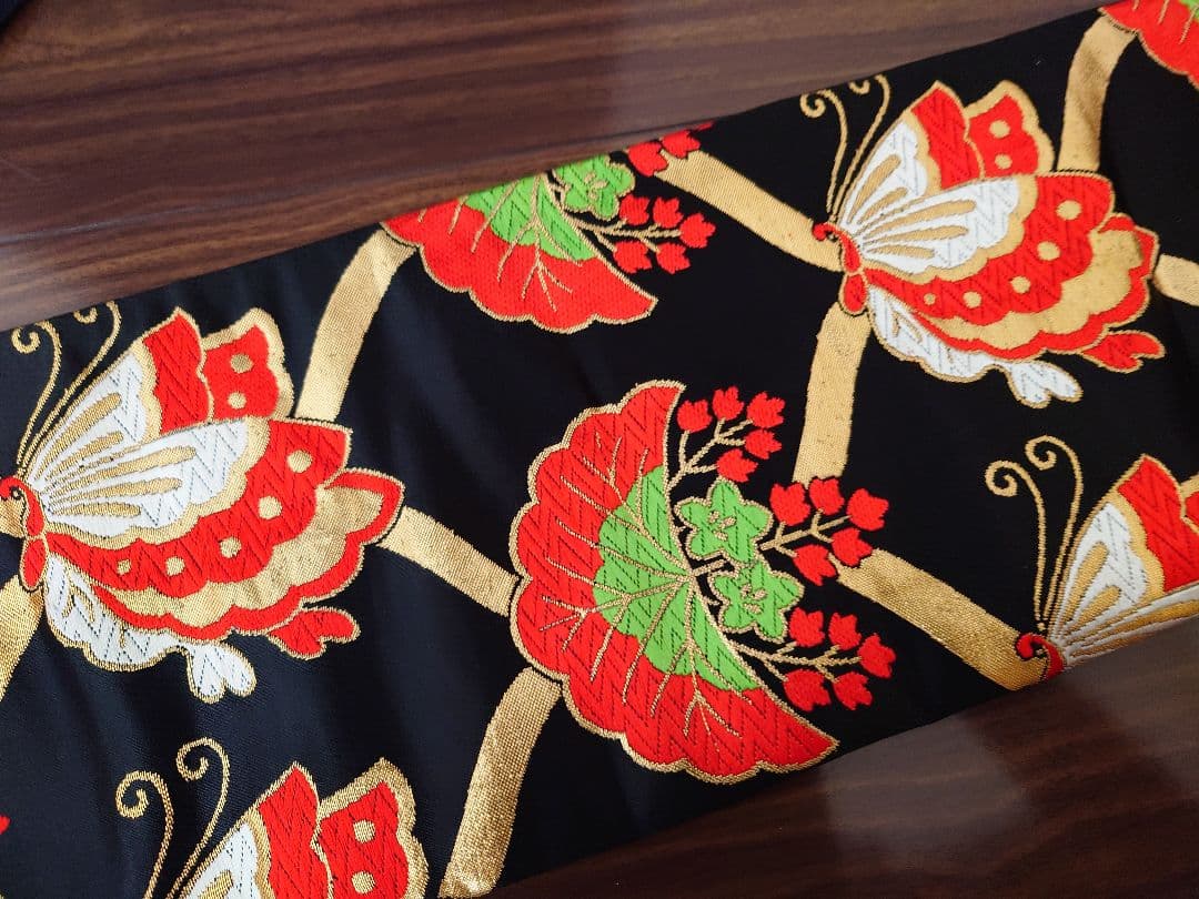 七五三　ハーフ成人式　ジュニア帯　作り帯　1点物　黒系　蝶柄　ハンドメイド