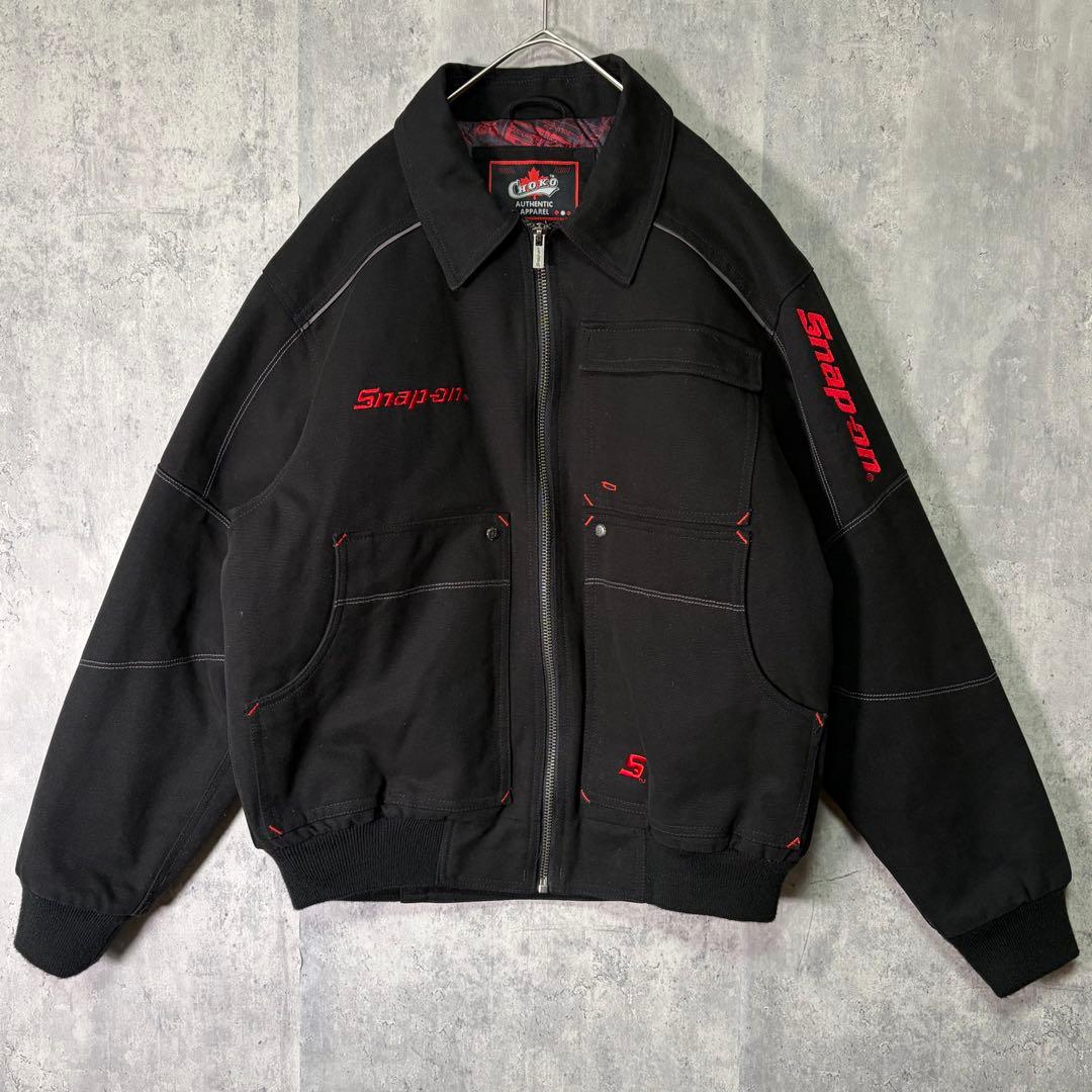 極美品 snap on ワークジャケット 刺繍ロゴ 中綿キルティング 黒 赤