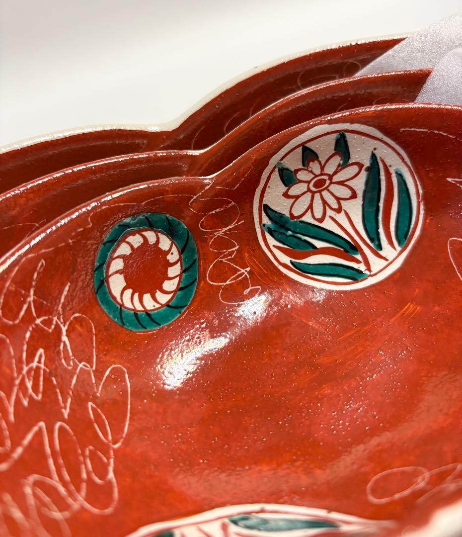 九谷焼 暁堂 赤絵 花文 変形楕円鉢 大中小 セット 上質 和食器 手描き