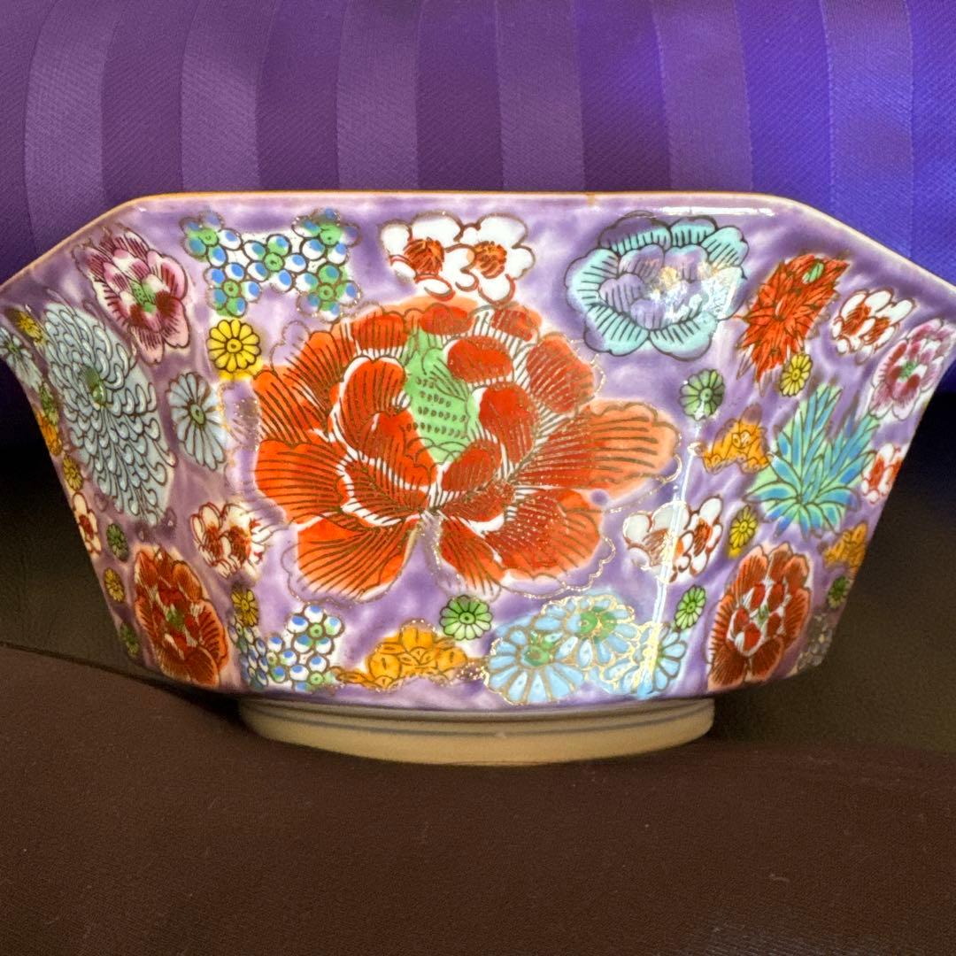 九谷焼 八角形 花柄皿 紫色